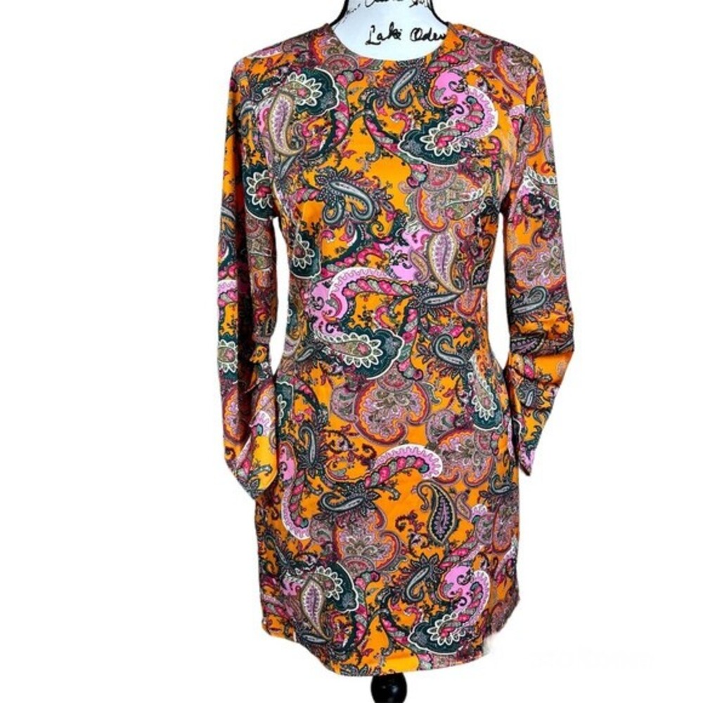 code x mode orange dress women paisley print long sleeve dress size XS romantic